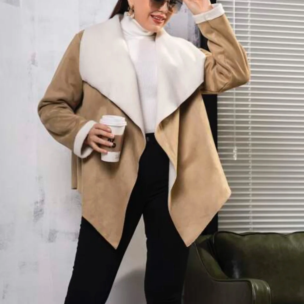 Plus Khaki Tan Vegan Suede Open Front Waterfall Jacket - Picture 4 of 4